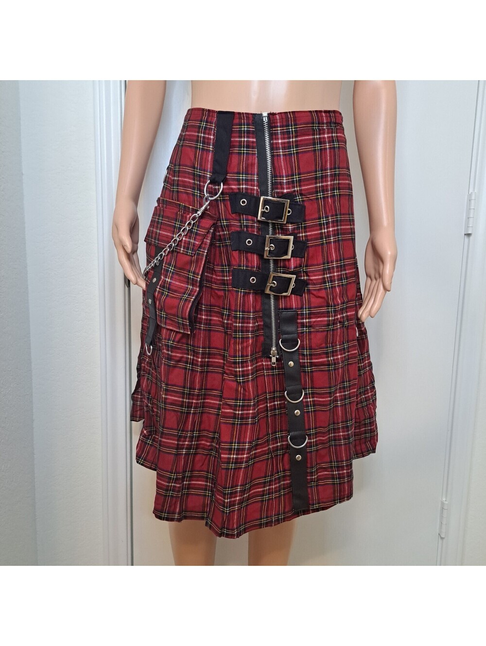 Dead Threads Tartan Plaid Red Rockabilly Goth Midi Skirt Chains Belts Sz 32